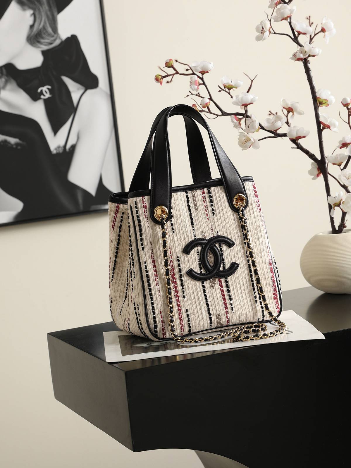 シャネル CHANEL 26B マトラッセ ミニトートバッグ ゴールド金具 レザー編み込みチェーン レディース ブラック - 画像 9