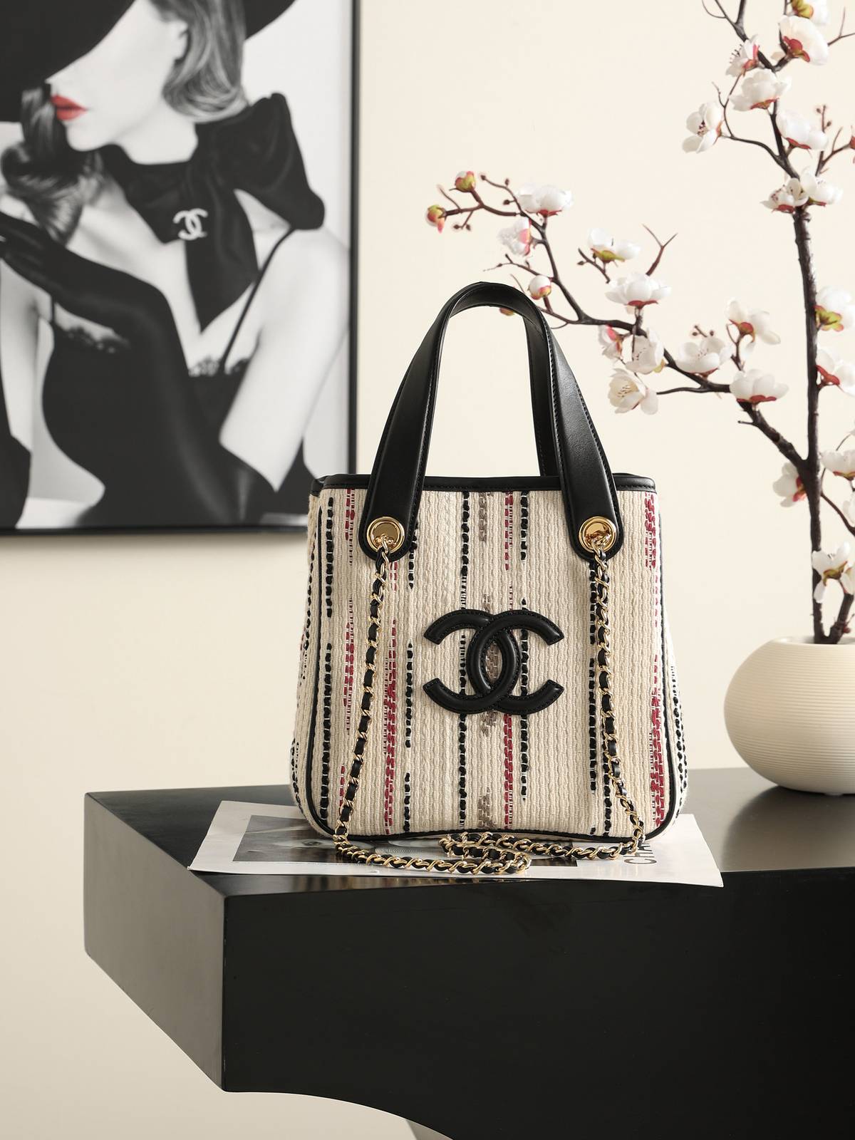 シャネル CHANEL 26B マトラッセ ミニトートバッグ ゴールド金具 レザー編み込みチェーン レディース ブラック - 画像 10