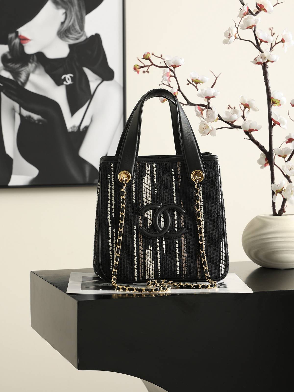 シャネル CHANEL 26B マトラッセ ミニトートバッグ ゴールド金具 レザー編み込みチェーン レディース ブラック - 画像 19