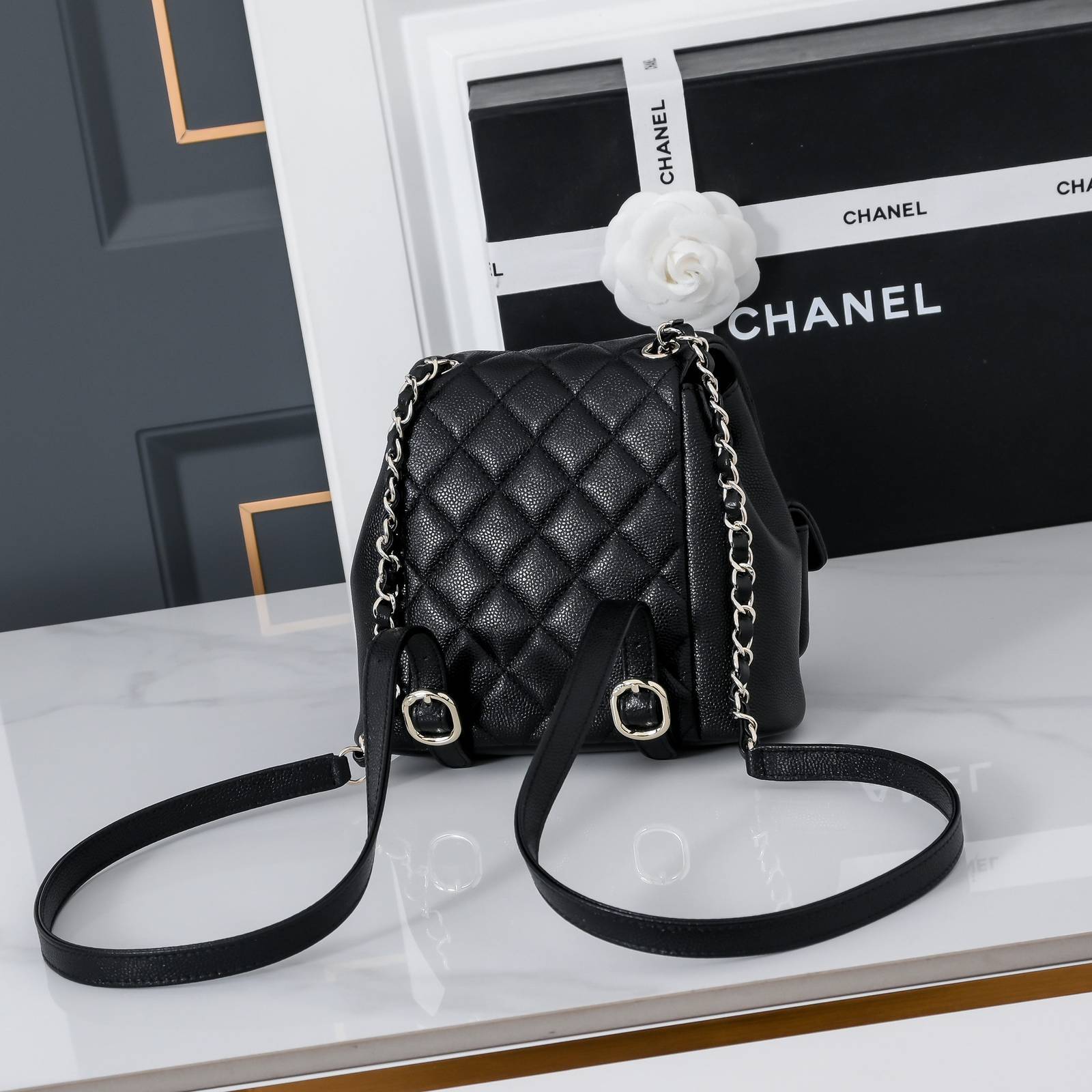CHANEL シャネル マトラッセ キャビアスキン ミニリュック バックパック シャンパンゴールド金具 2WAY ブラッ - 画像 8