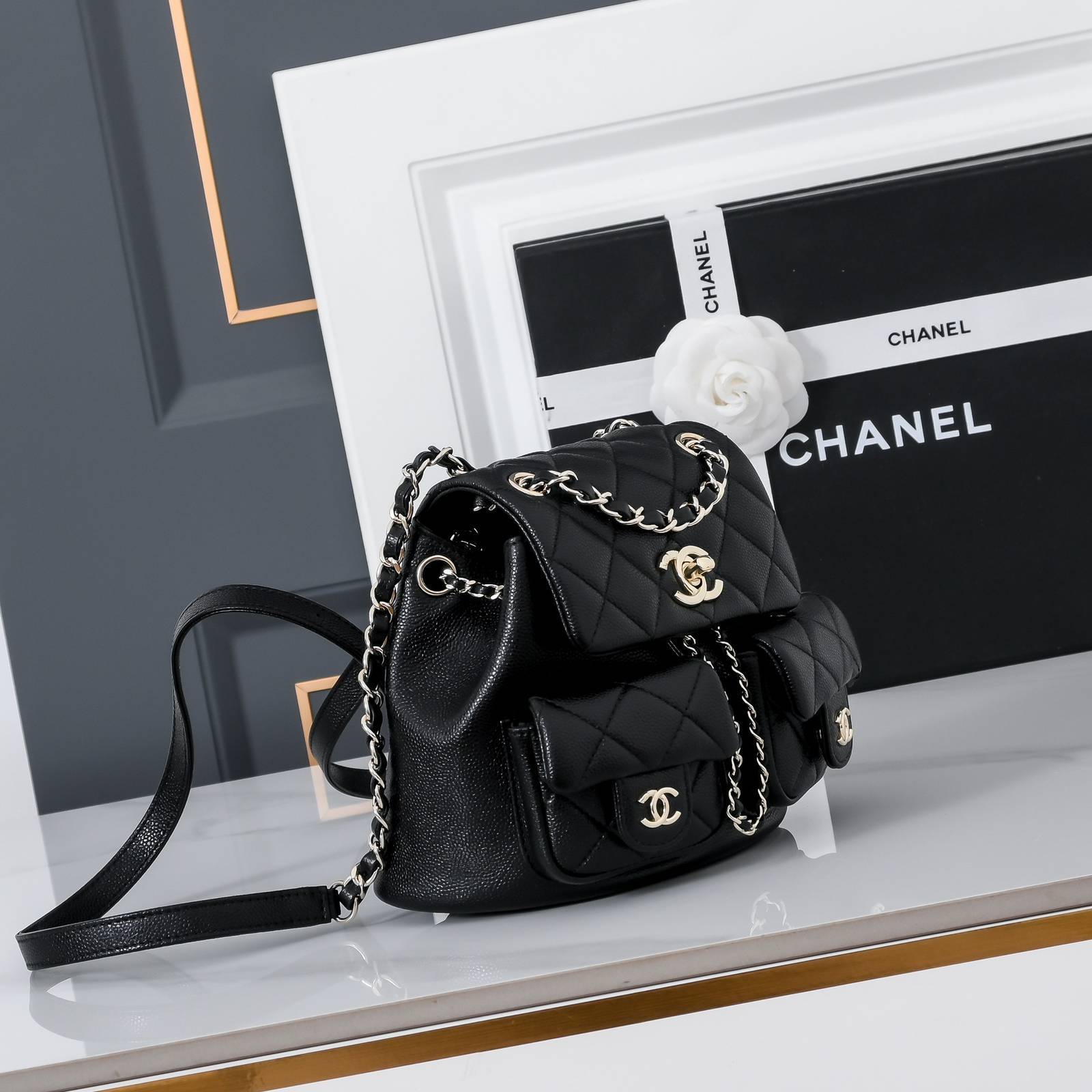 CHANEL シャネル マトラッセ キャビアスキン ミニリュック バックパック シャンパンゴールド金具 2WAY ブラッ - 画像 9