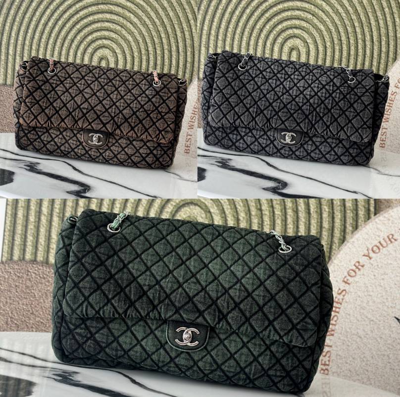シャネル 3101 大号 デニム マトラッセ チェーンショルダーバッグ ゴールド金具 レディース グリーン