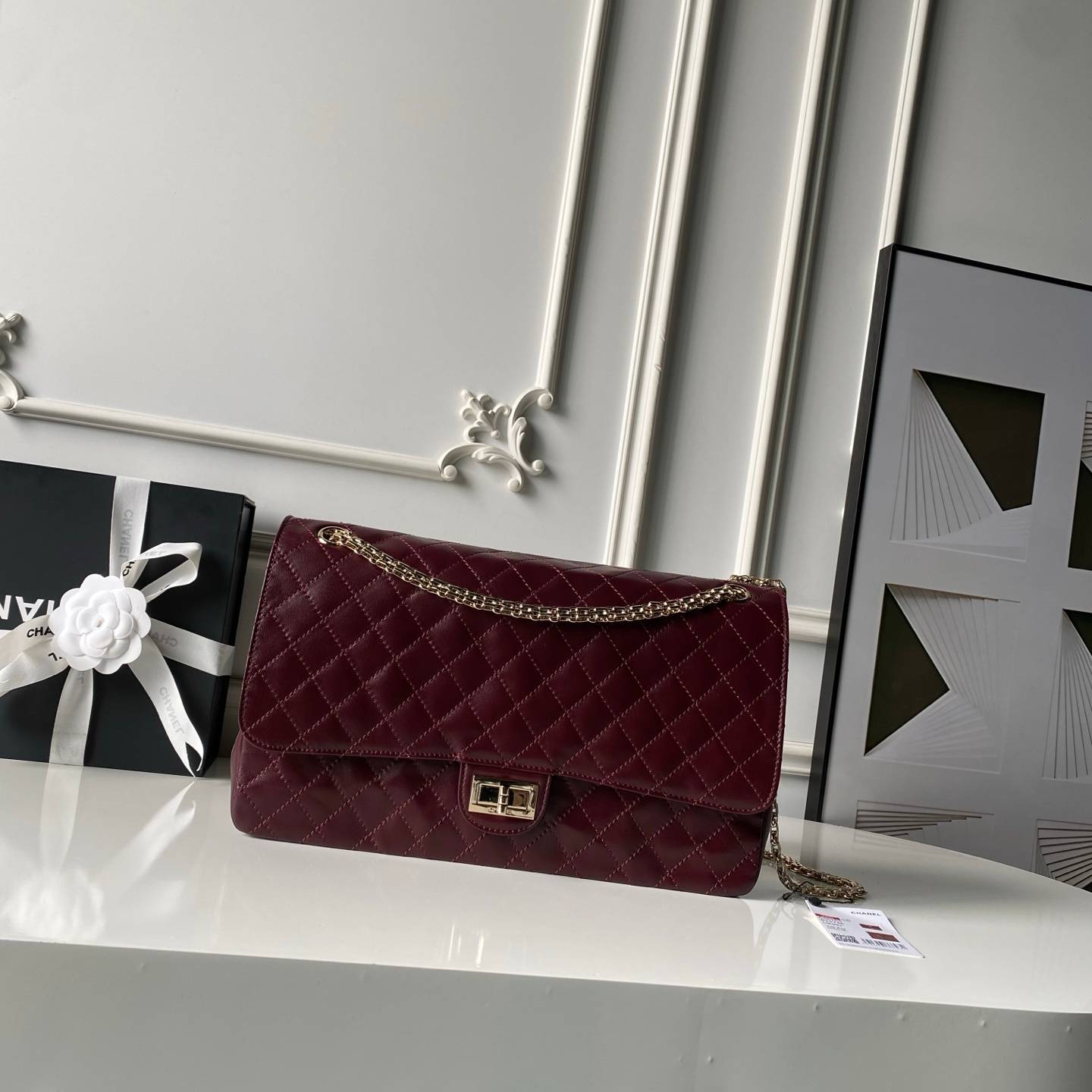 シャネル CHANEL 2 55 クラシック マトラッセ キャビアスキン フラップバッグ ブラック ホワイト レッド ゴ - 画像 10