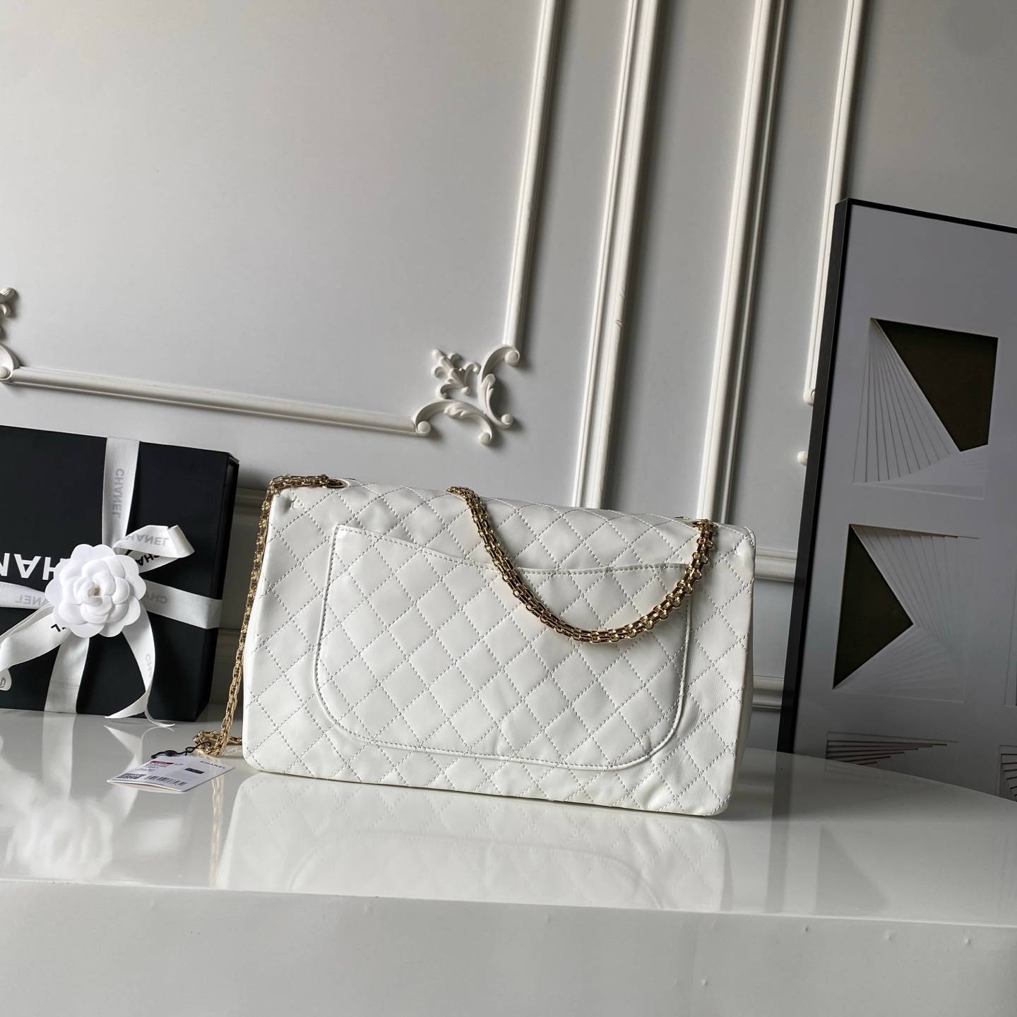 シャネル CHANEL 2 55 クラシック マトラッセ キャビアスキン フラップバッグ ブラック ホワイト レッド ゴ - 画像 18