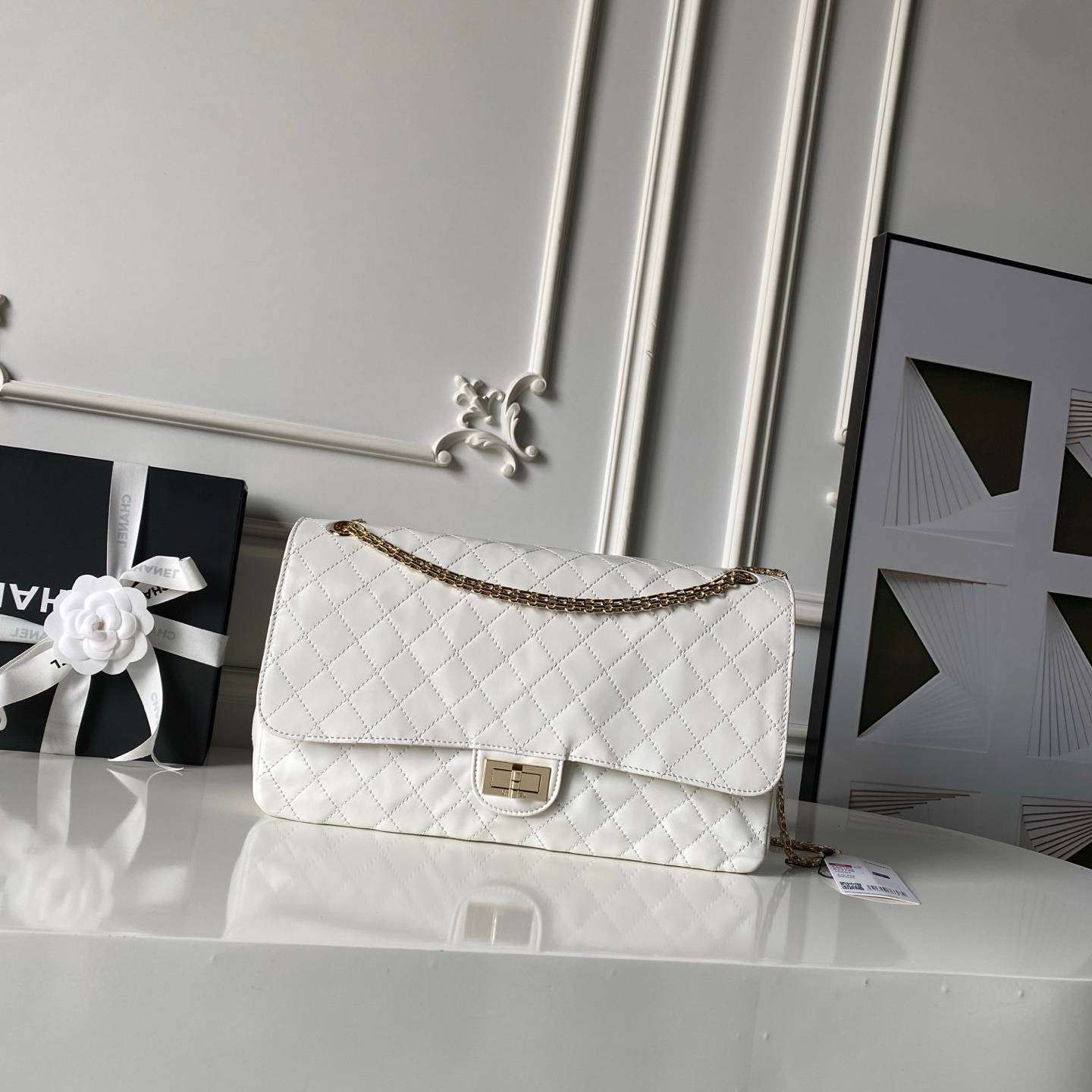 シャネル CHANEL 2 55 クラシック マトラッセ キャビアスキン フラップバッグ ブラック ホワイト レッド ゴ - 画像 19