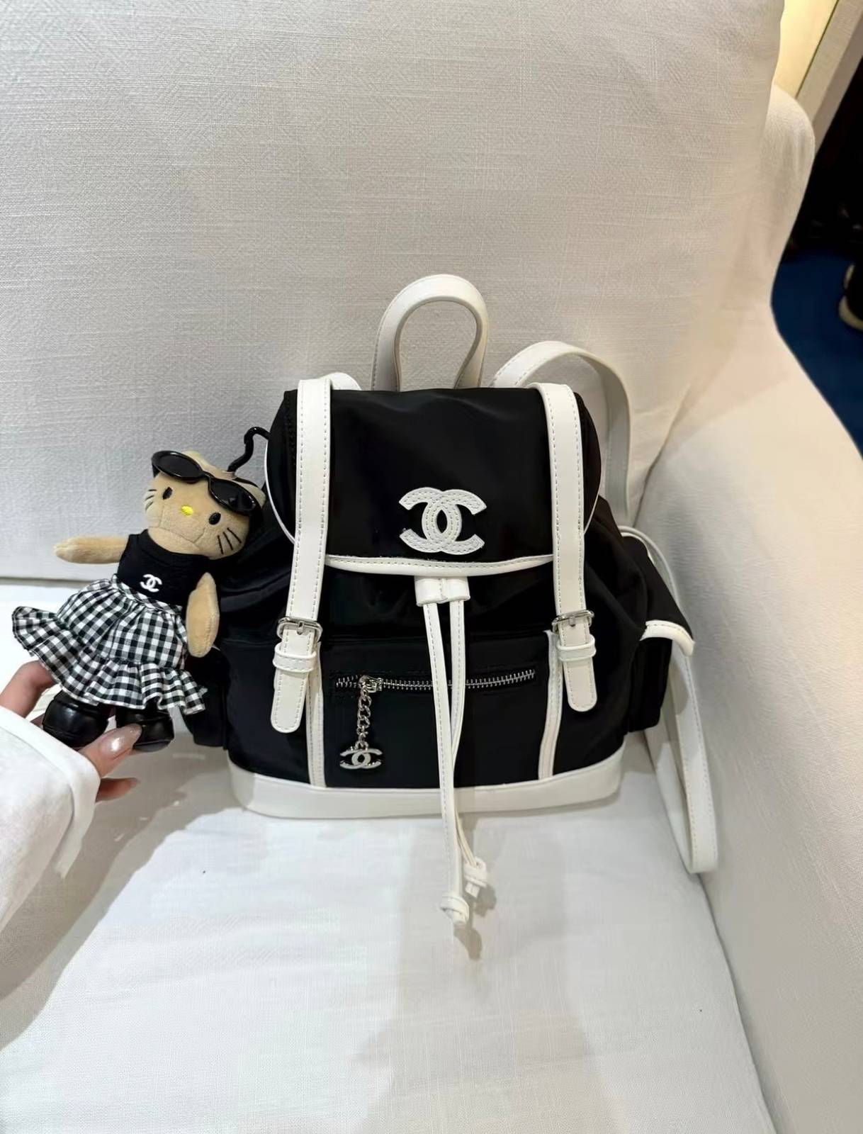 シャネル CHANEL マトラッセ リュック ブラック ホワイト レザー編み込みチェーン ゴールド金具 ボーイシャネル - 画像 5