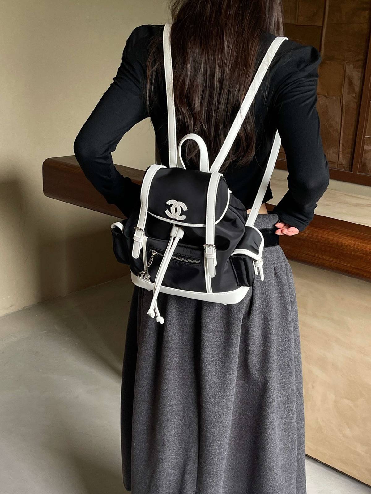 シャネル CHANEL マトラッセ リュック ブラック ホワイト レザー編み込みチェーン ゴールド金具 ボーイシャネル - 画像 12