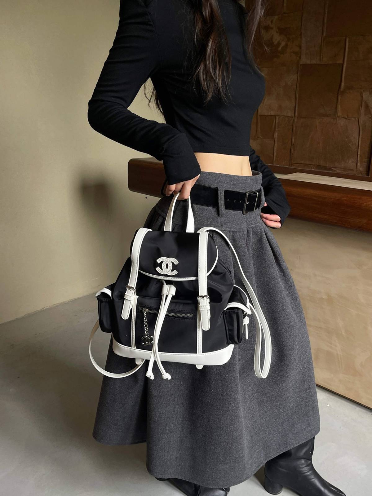 シャネル CHANEL マトラッセ リュック ブラック ホワイト レザー編み込みチェーン ゴールド金具 ボーイシャネル - 画像 14