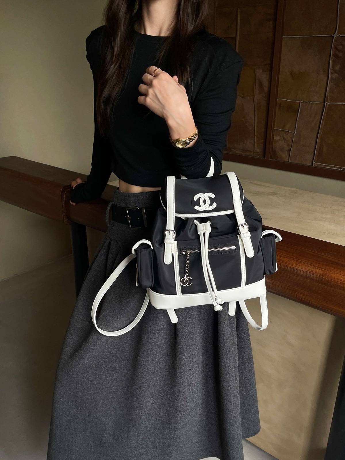 シャネル CHANEL マトラッセ リュック ブラック ホワイト レザー編み込みチェーン ゴールド金具 ボーイシャネル - 画像 16