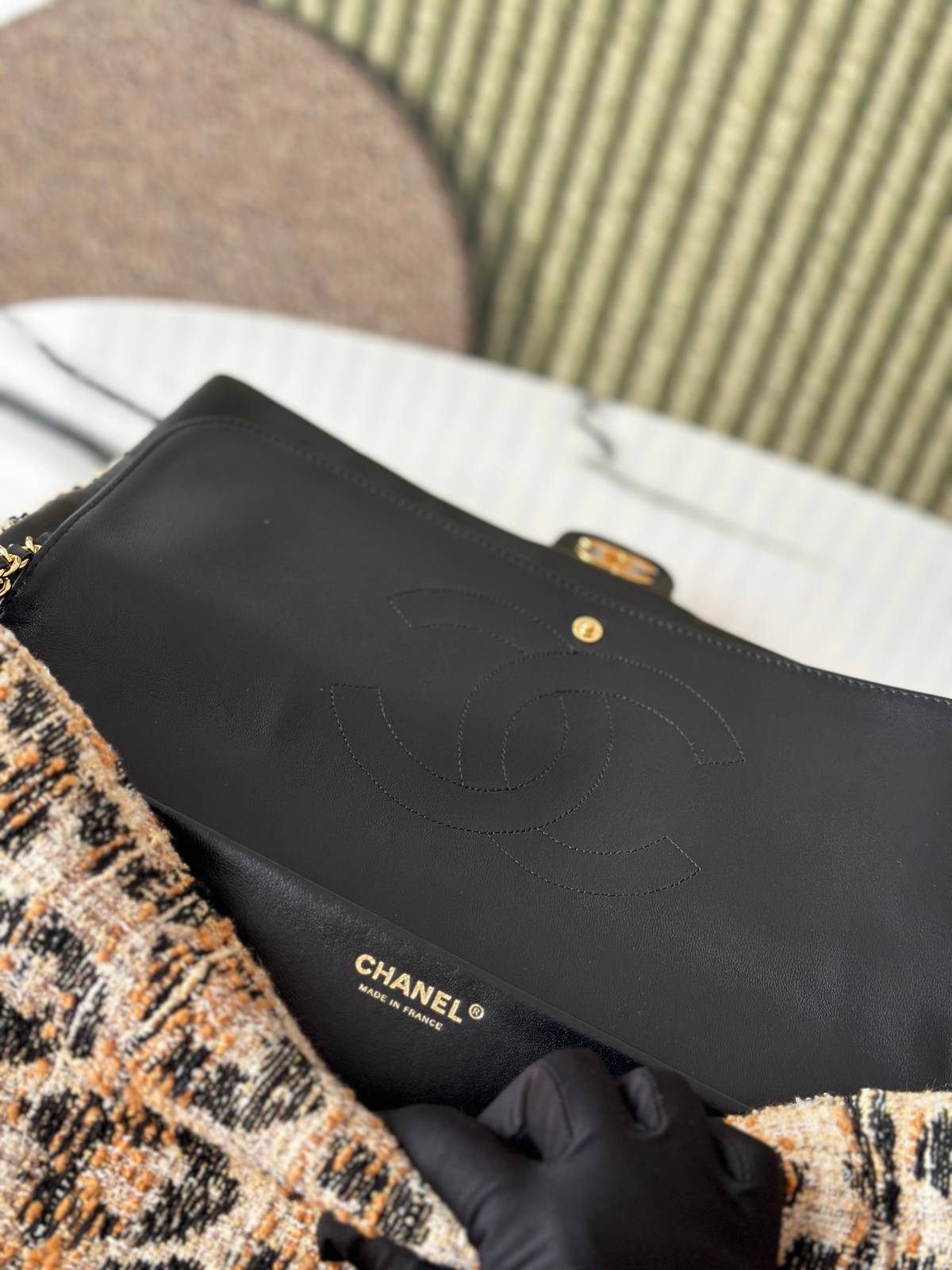 シャネル CHANEL マトラッセ ツイード キャビアスキン フラップバッグ ゴールド金具 ターンロック レディース ブ - 画像 8