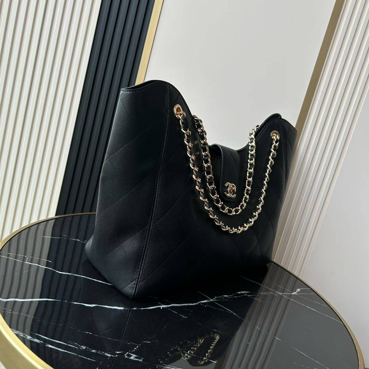 シャネル CHANEL マトラッセ キャビアスキン チェーンショルダーバッグ ブラック ベージュ ゴールド金具 レディー - 画像 18
