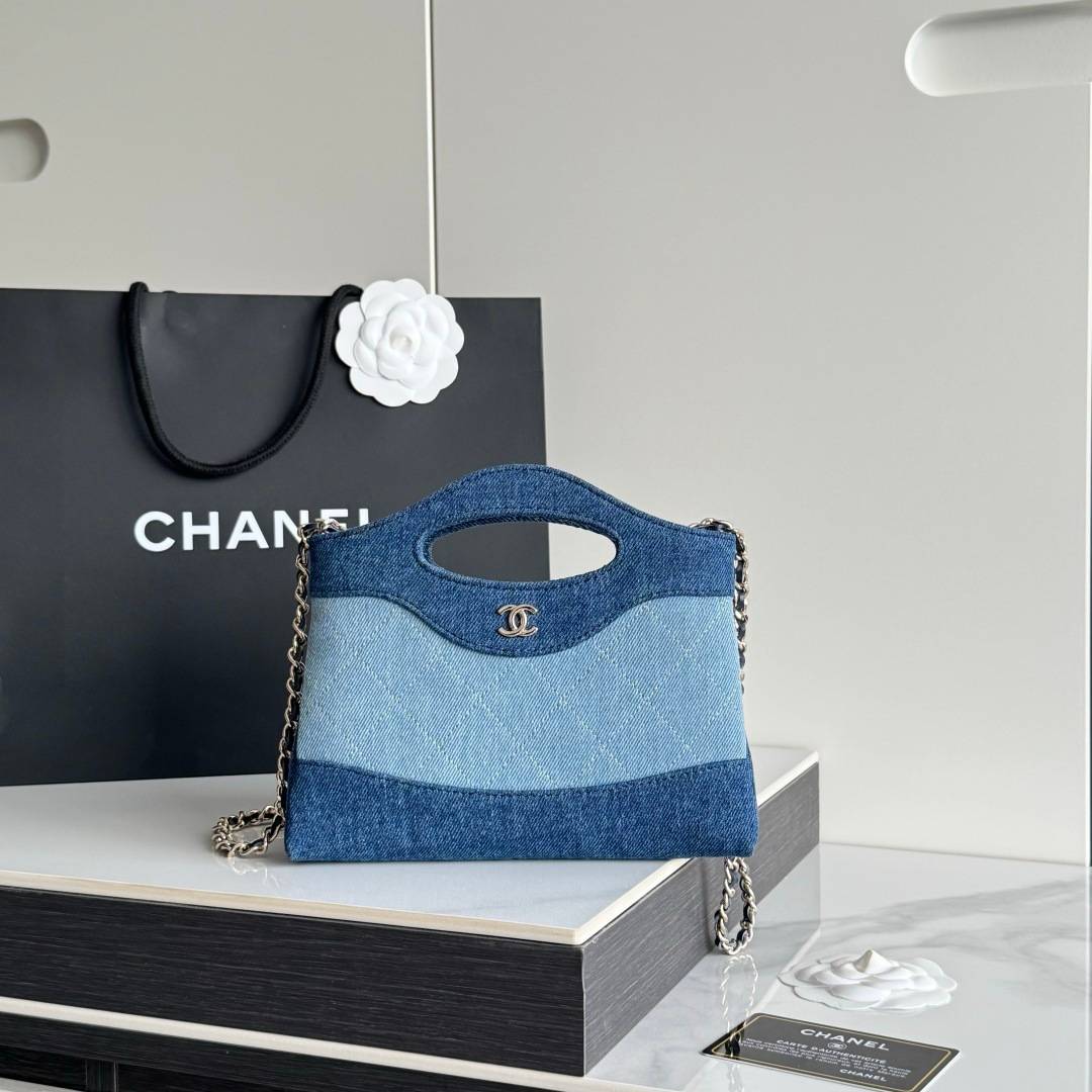 シャネル CHANEL デニム チェーンショルダーバッグ ミニバッグ ブルー マルチカラー ゴールド金具