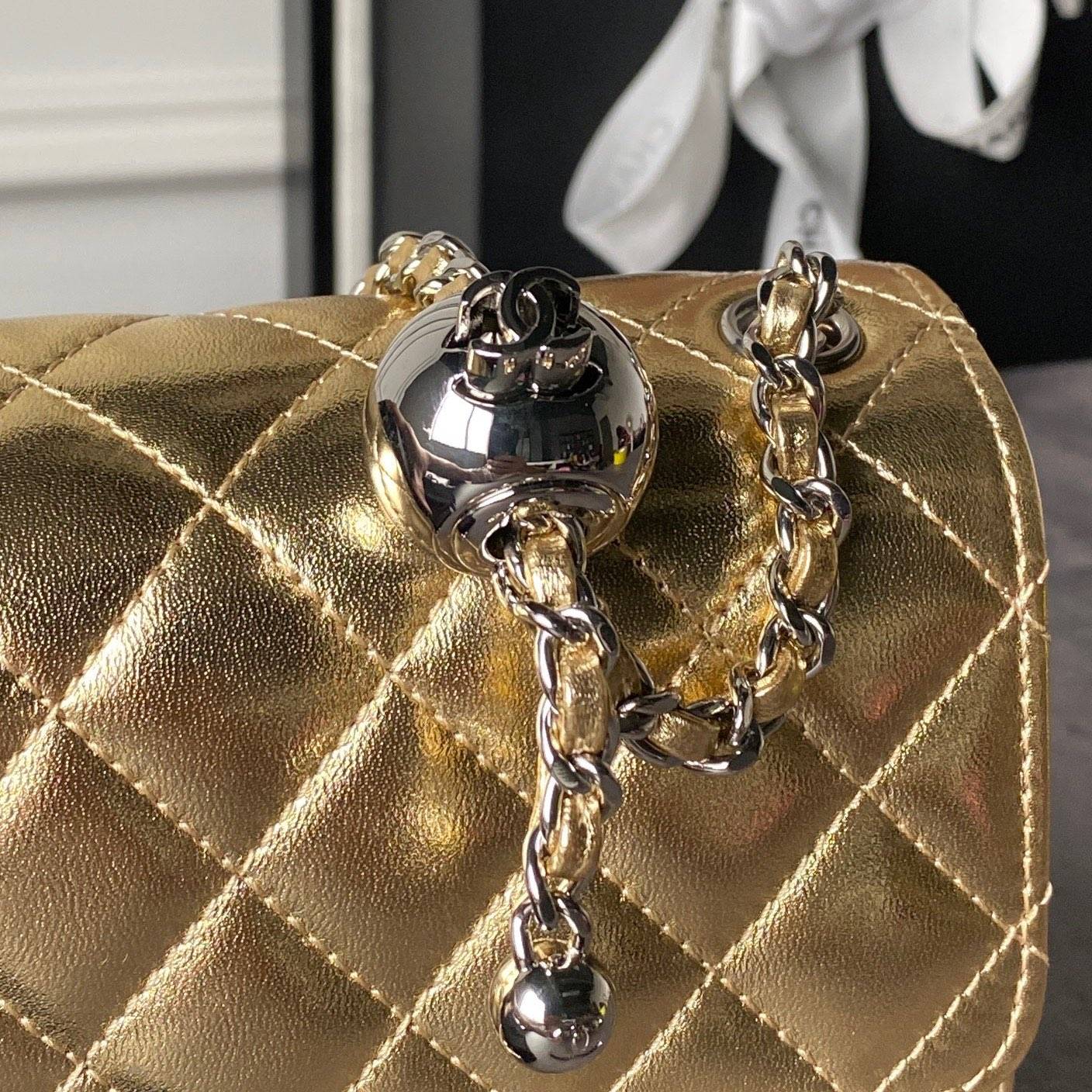 シャネル CHANEL マトラッセ ミニフラップバッグ キャビアスキン ゴールド金具 レザー編み込みチェーン シルバー金 - 画像 8