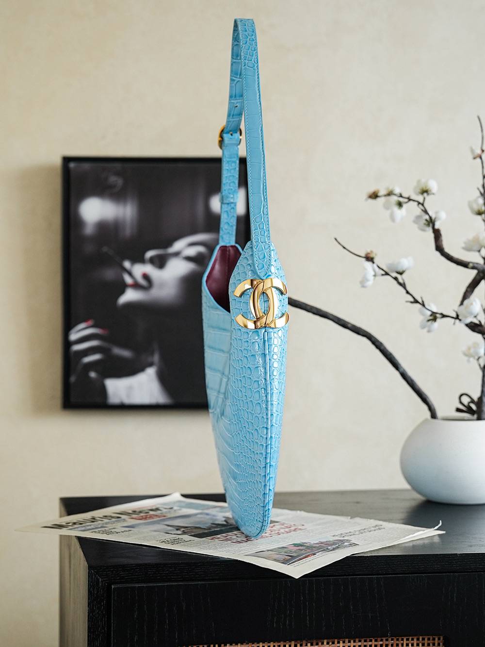 シャネル CHANEL 68012 鳄魚紋 大型 フラップバッグ レザー編み込みチェーン ゴールド金具 ブルーレディース - 画像 8
