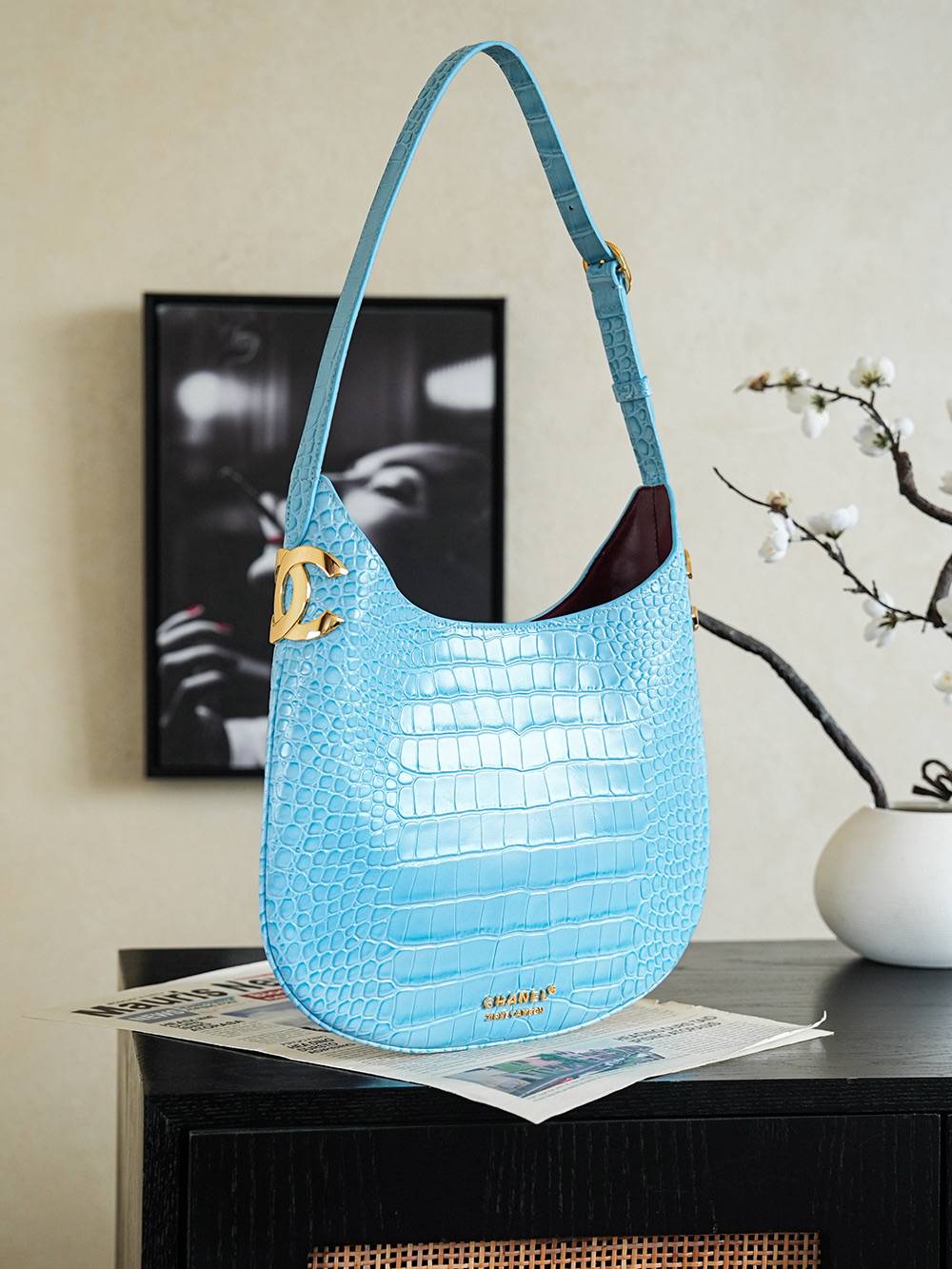 シャネル CHANEL 68012 鳄魚紋 大型 フラップバッグ レザー編み込みチェーン ゴールド金具 ブルーレディース - 画像 9