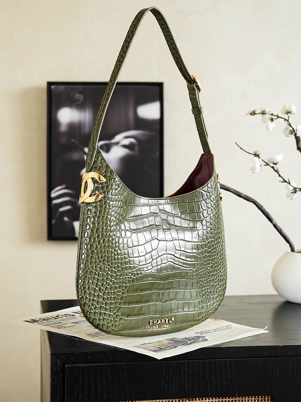 シャネル CHANEL 68012 鳄魚紋 大型 フラップバッグ レザー編み込みチェーン ゴールド金具 ブルーレディース - 画像 18