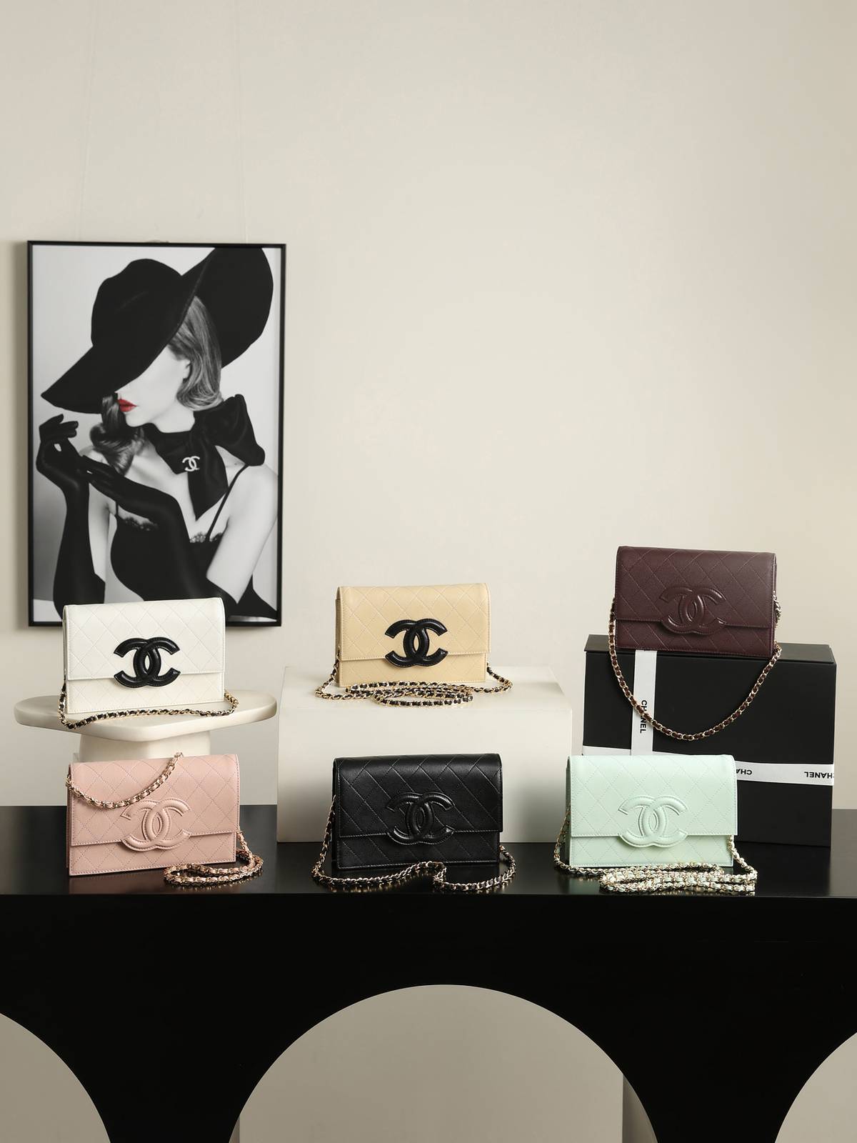 シャネル CHANEL 5455 チェーンウォレット マトラッセ キャビアスキン ゴールド金具 ブラック レディース