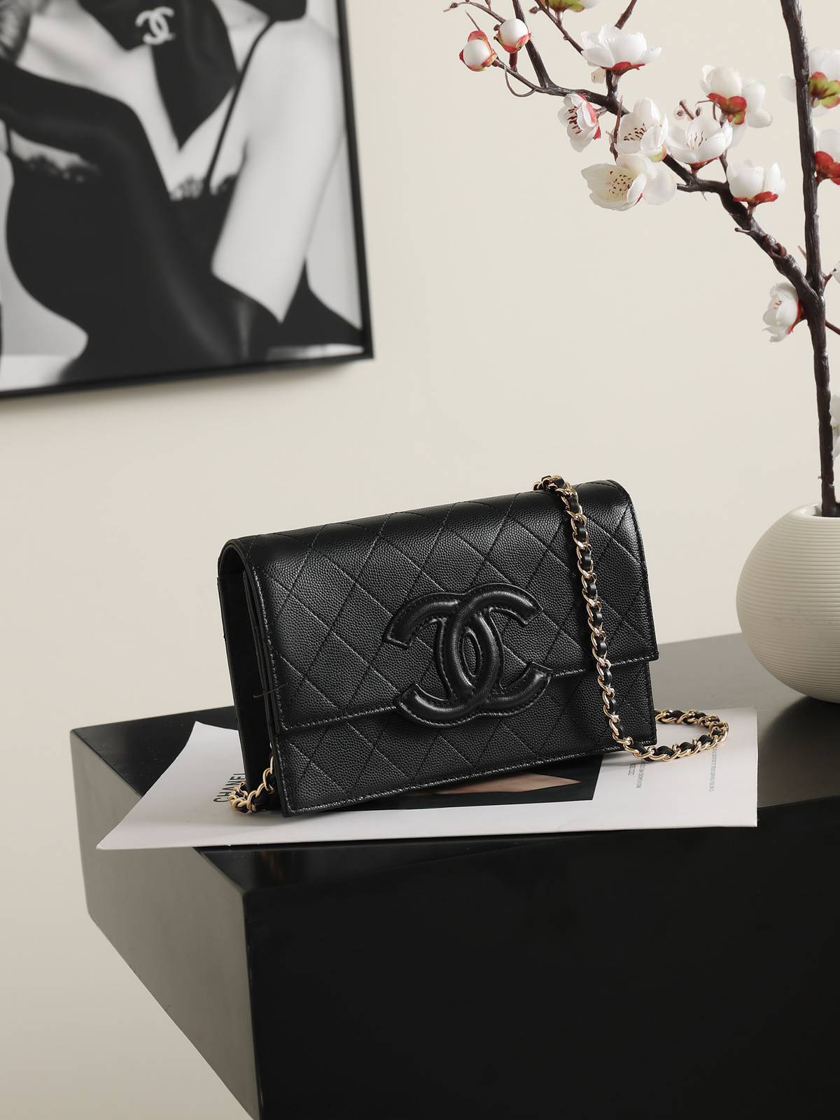 シャネル CHANEL 5455 チェーンウォレット マトラッセ キャビアスキン ゴールド金具 ブラック レディース - 画像 8