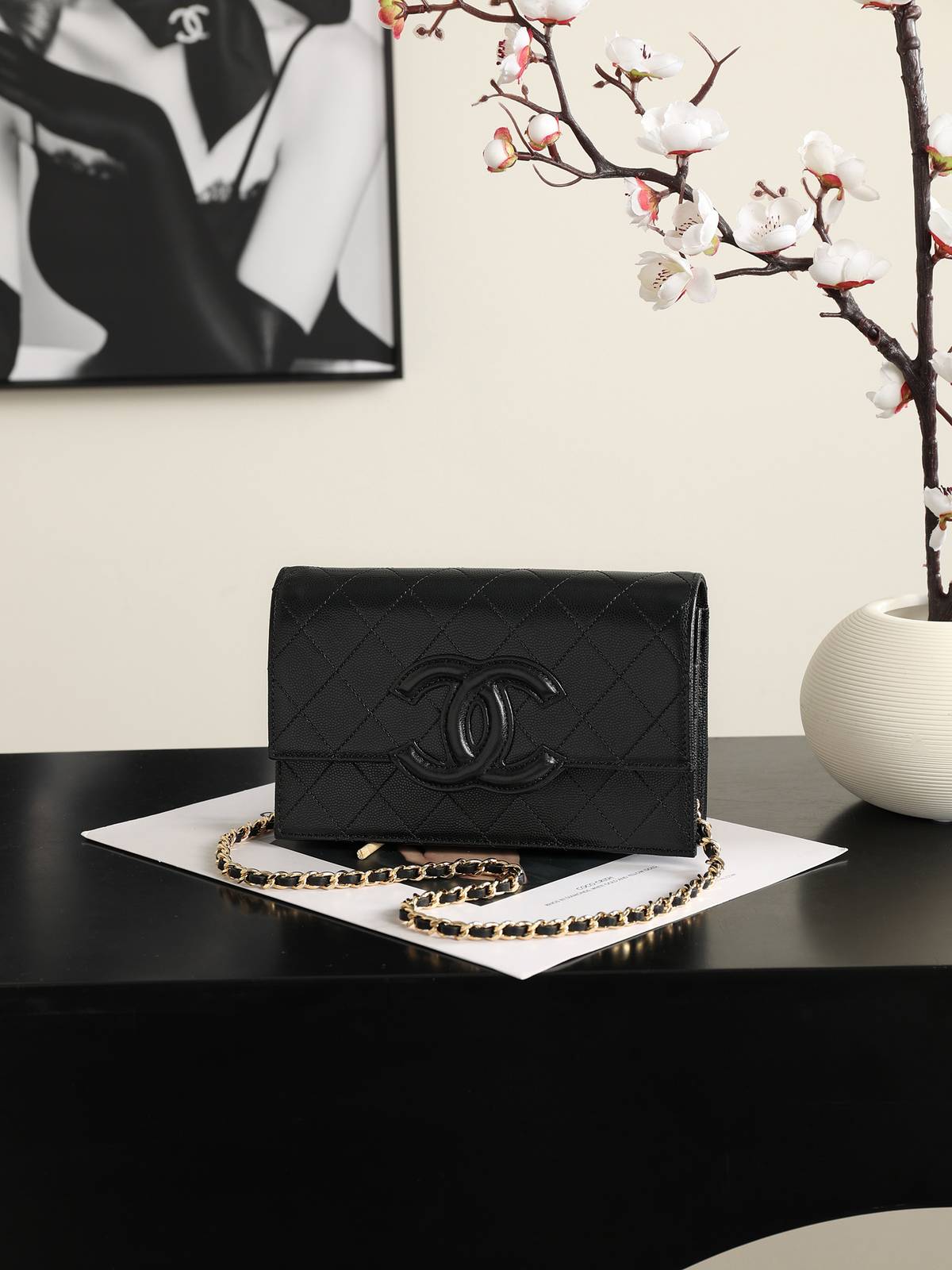 シャネル CHANEL 5455 チェーンウォレット マトラッセ キャビアスキン ゴールド金具 ブラック レディース - 画像 9