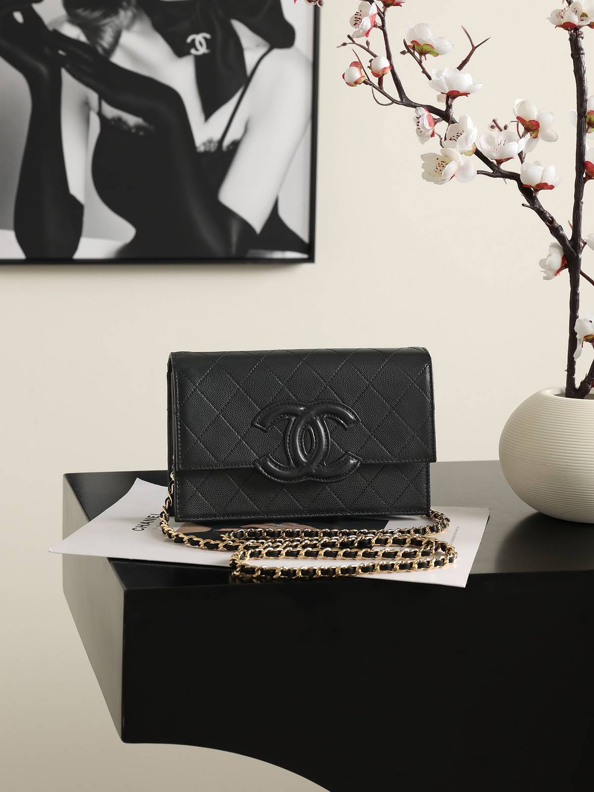 シャネル CHANEL 5455 チェーンウォレット マトラッセ キャビアスキン ゴールド金具 ブラック レディース - 画像 10