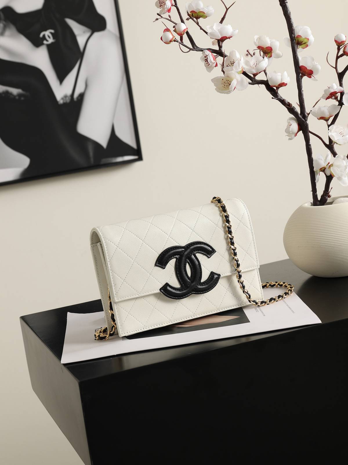 シャネル CHANEL 5455 チェーンウォレット マトラッセ キャビアスキン ゴールド金具 ブラック レディース - 画像 18