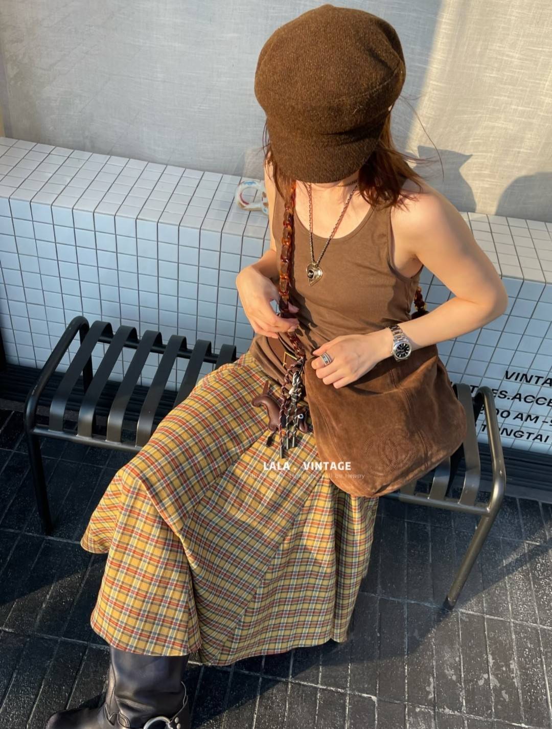シャネル CHANEL マトラッセ ラムスキン チェーンショルダーバッグ ブラック ベージュ ブラウン ヴィンテージ ゴ - 画像 14