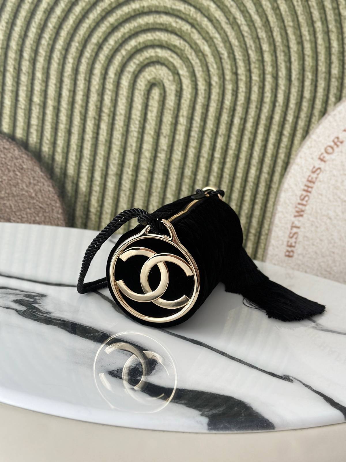 シャネル CHANEL ベロア タッセル付き チェーンショルダーバッグ ブラック ゴールド金具 レディース - 画像 9