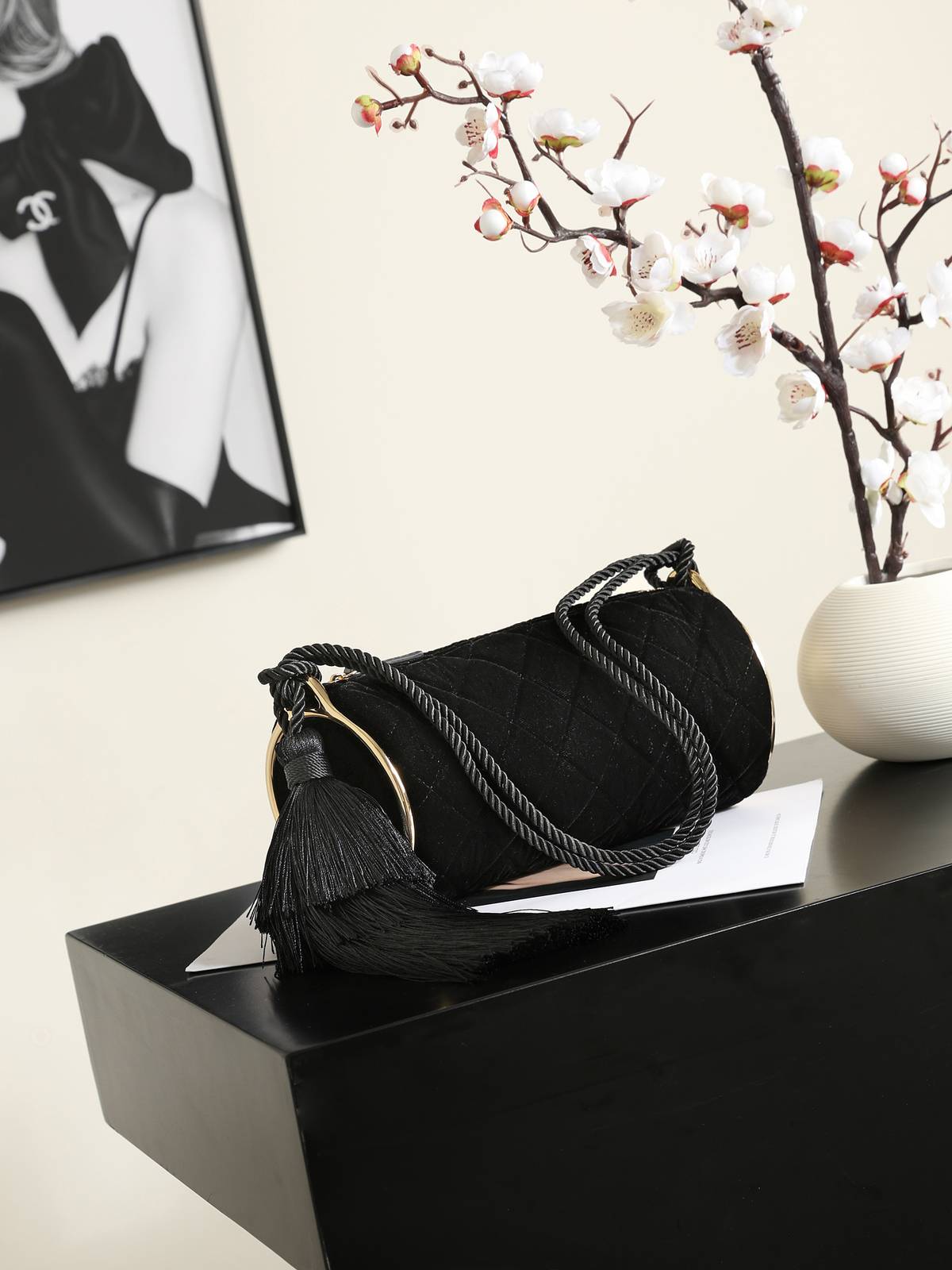 シャネル CHANEL ベロア チェーンショルダー バニティバッグ ターンロック ゴールド金具 ブラック レディース - 画像 6