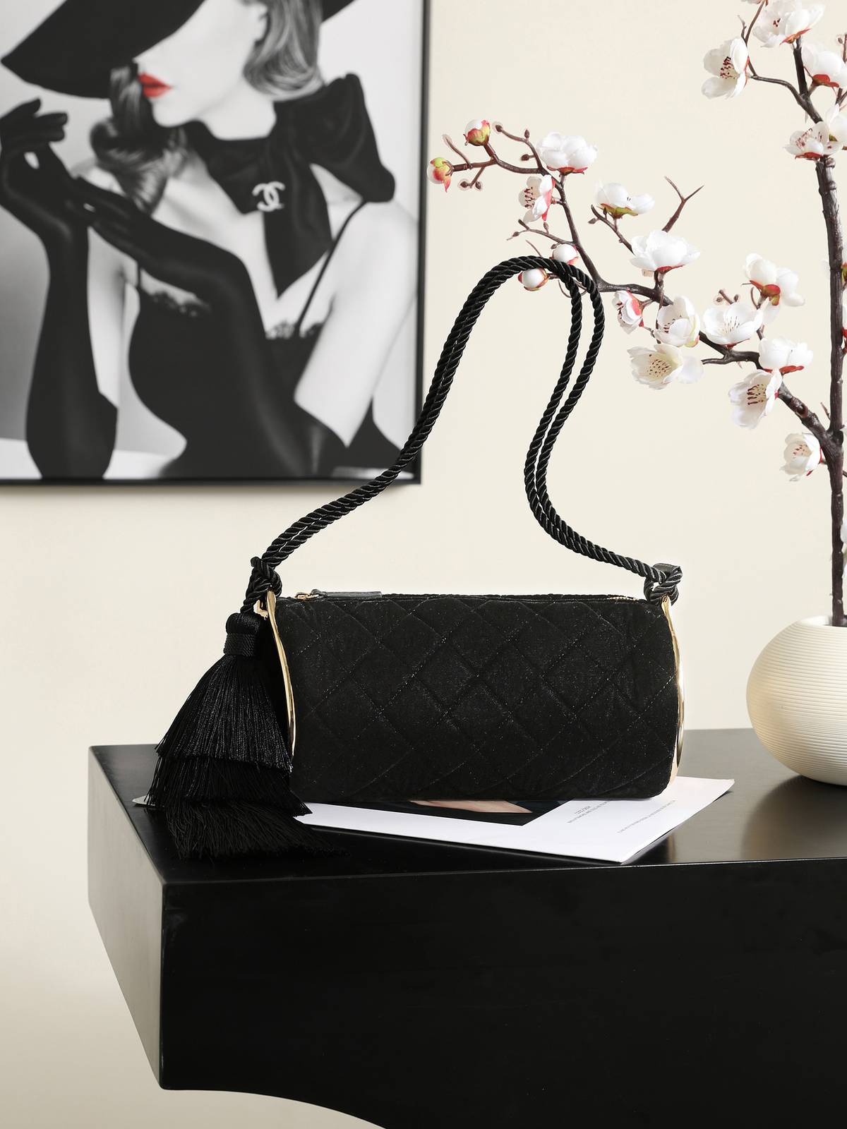 シャネル CHANEL ベロア チェーンショルダー バニティバッグ ターンロック ゴールド金具 ブラック レディース - 画像 7