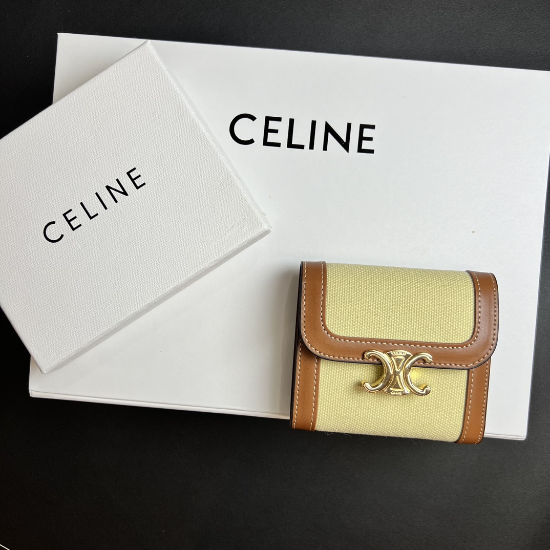 CELINE セリーヌ ワallet ミニ イエロー 茶色 レザー キャンバス ミニ財布 2色 🐎
