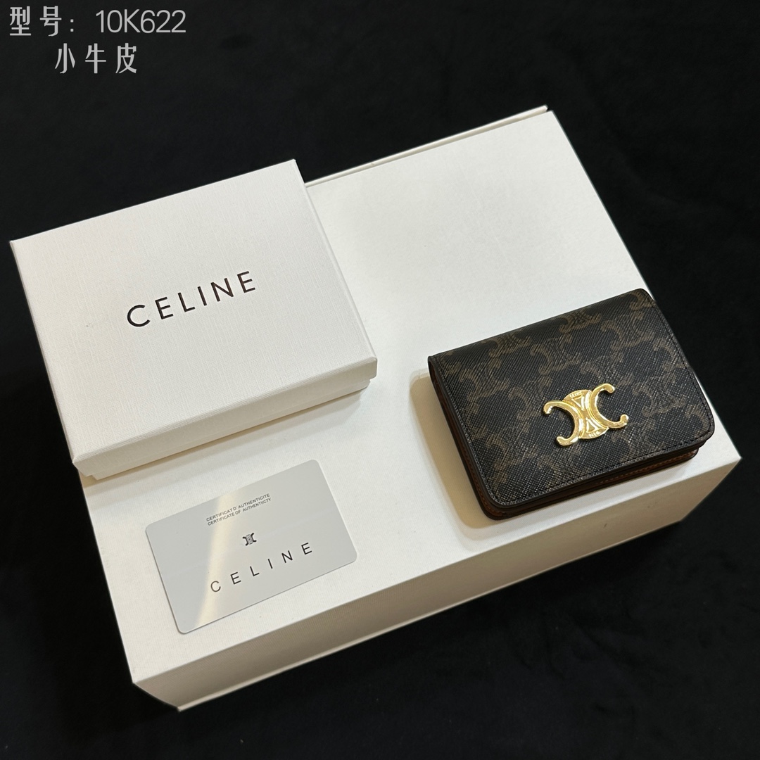 セリーヌ Celine 10K622 ミニ二つ折り財布 ブラウン ブラック シグネチャー レザー 小牛革 二つ折り財布 🌟