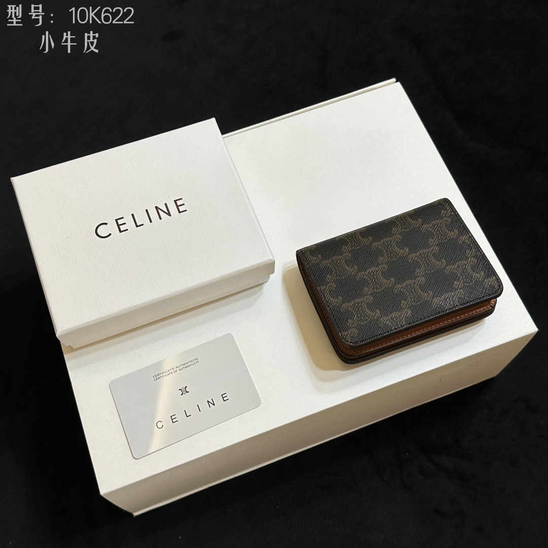 セリーヌ Celine 10K622 ミニ二つ折り財布 ブラウン ブラック シグネチャー レザー 小牛革 二つ折り財布 🌟 - 画像 2