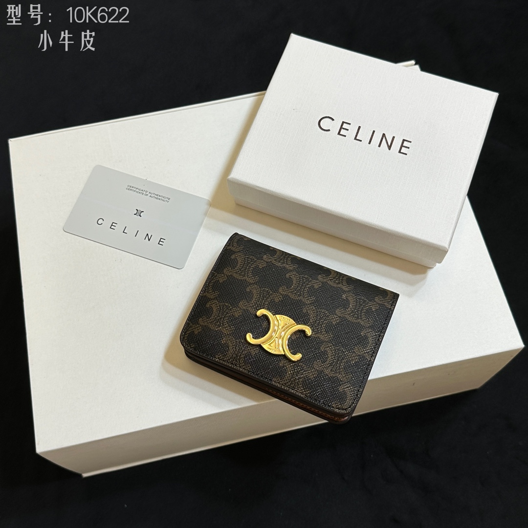 セリーヌ Celine 10K622 ミニ二つ折り財布 ブラウン ブラック シグネチャー レザー 小牛革 二つ折り財布 🌟 - 画像 3