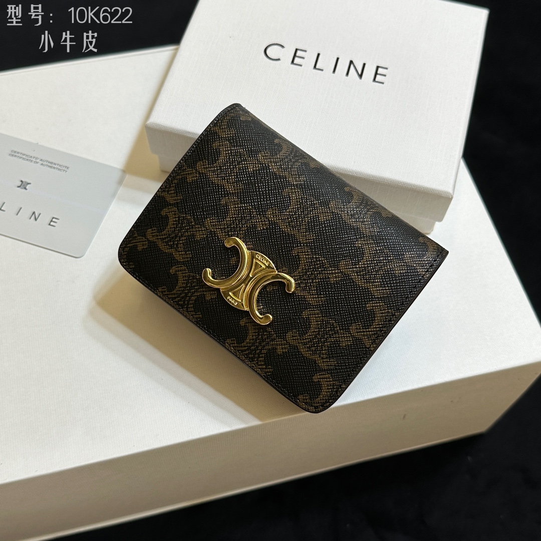 セリーヌ Celine 10K622 ミニ二つ折り財布 ブラウン ブラック シグネチャー レザー 小牛革 二つ折り財布 🌟 - 画像 4