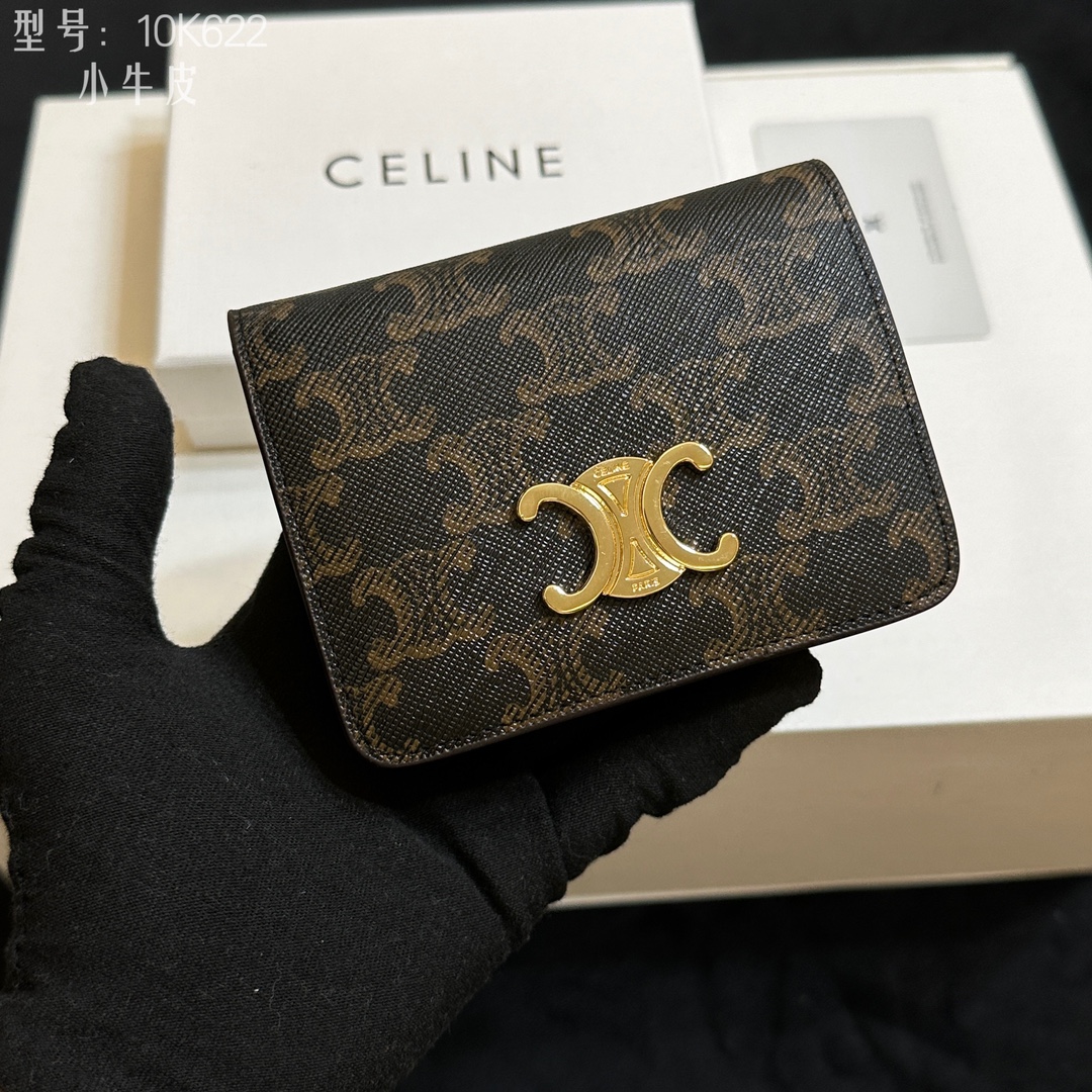 セリーヌ Celine 10K622 ミニ二つ折り財布 ブラウン ブラック シグネチャー レザー 小牛革 二つ折り財布 🌟 - 画像 5