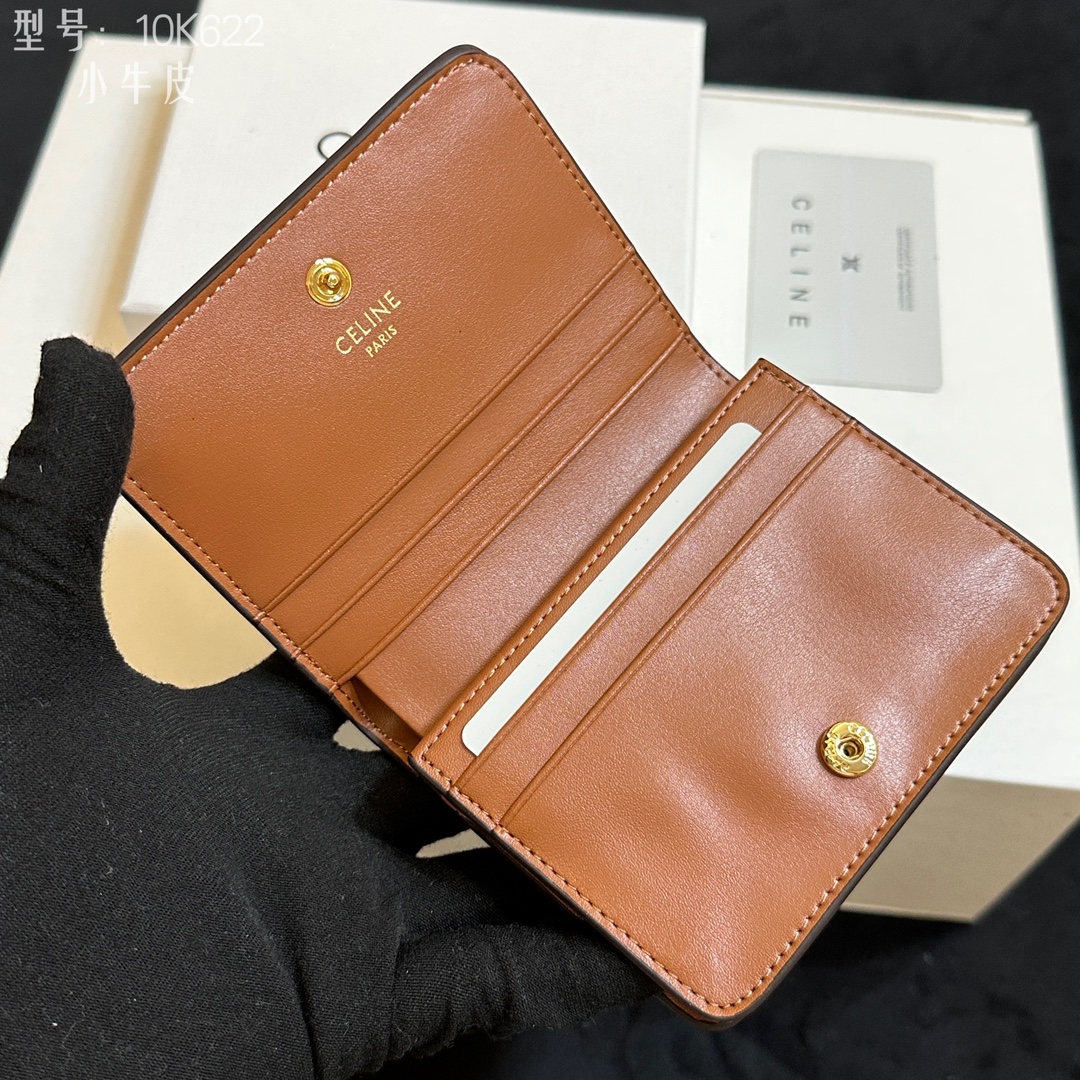 セリーヌ Celine 10K622 ミニ二つ折り財布 ブラウン ブラック シグネチャー レザー 小牛革 二つ折り財布 🌟 - 画像 6