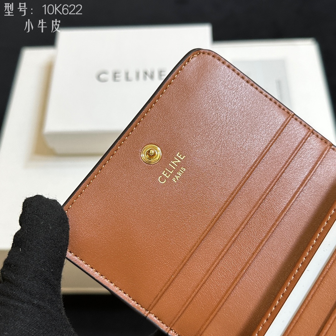 セリーヌ Celine 10K622 ミニ二つ折り財布 ブラウン ブラック シグネチャー レザー 小牛革 二つ折り財布 🌟 - 画像 7