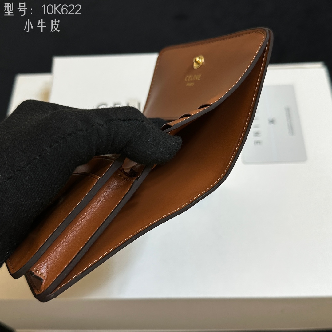 セリーヌ Celine 10K622 ミニ二つ折り財布 ブラウン ブラック シグネチャー レザー 小牛革 二つ折り財布 🌟 - 画像 8