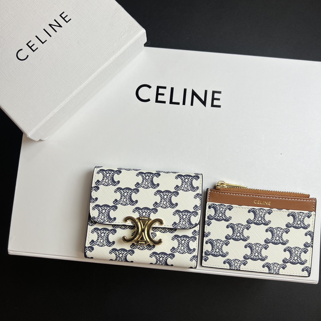 CELINE セリーヌ ウォレット ブルー×ホワイト デニム柄 2way 二つ折り 財布 🧳 4色入 - 画像 3