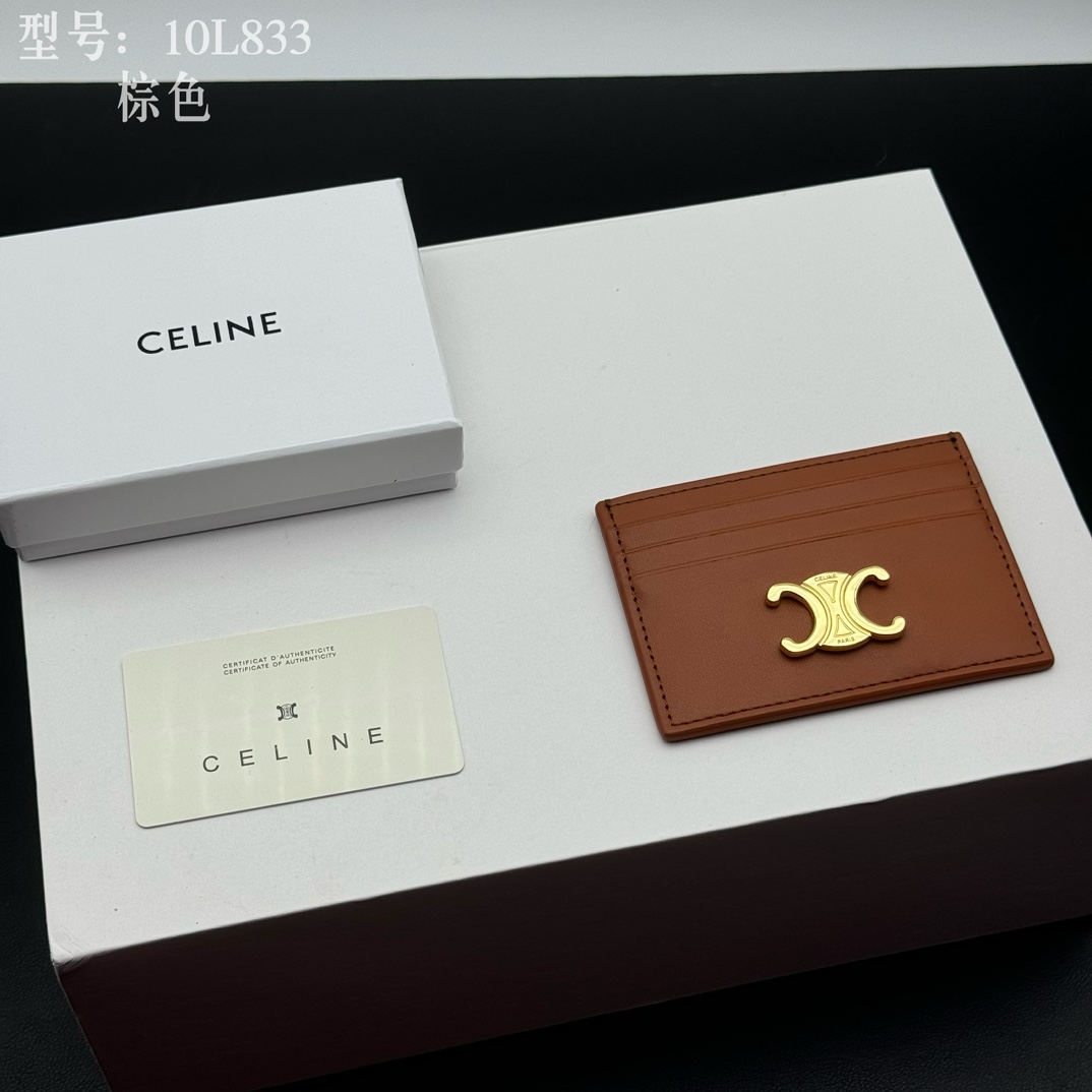 CELINE セリーヌ 10L833 棕色 カードケース ゴールドロゴ レザー メンズ レディース 🧡