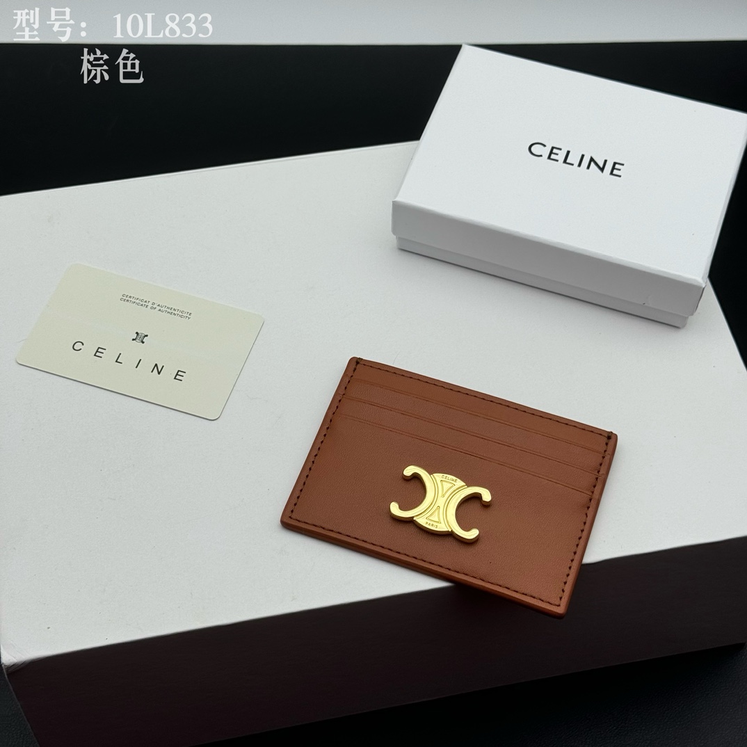 CELINE セリーヌ 10L833 棕色 カードケース ゴールドロゴ レザー メンズ レディース 🧡 - 画像 3