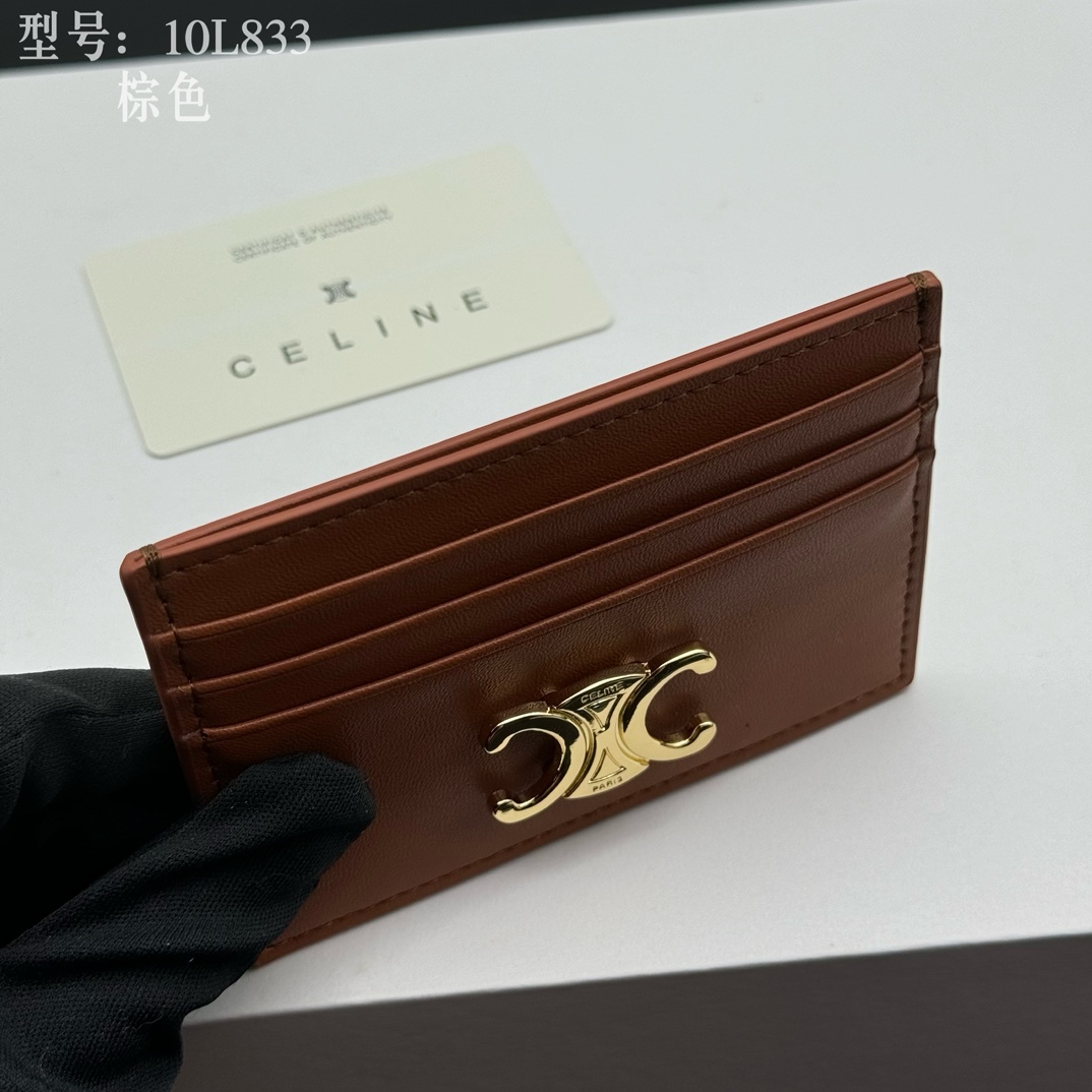 CELINE セリーヌ 10L833 棕色 カードケース ゴールドロゴ レザー メンズ レディース 🧡 - 画像 4