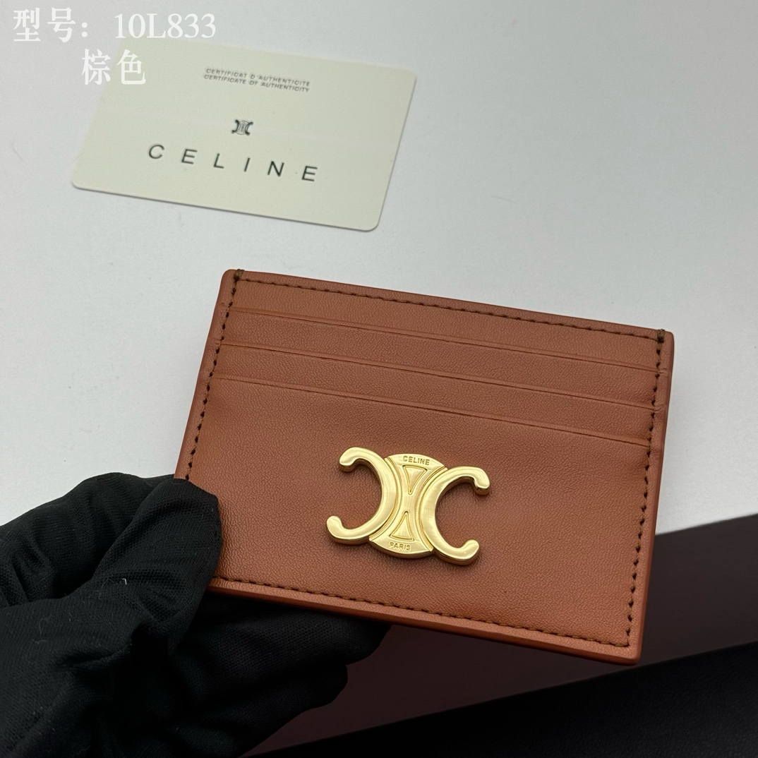 CELINE セリーヌ 10L833 棕色 カードケース ゴールドロゴ レザー メンズ レディース 🧡 - 画像 7