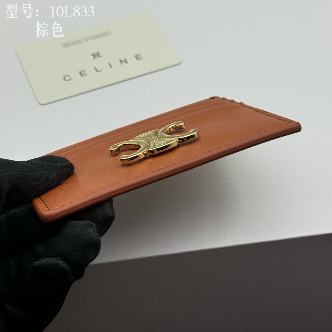 CELINE セリーヌ 10L833 棕色 カードケース ゴールドロゴ レザー メンズ レディース 🧡 - 画像 8