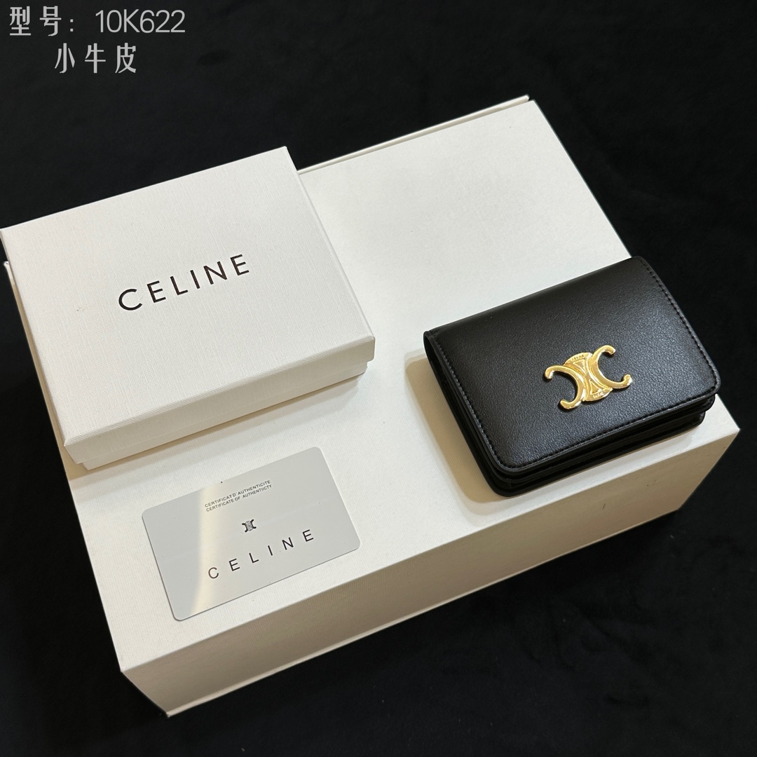 CELINE ブラック レザー カードケース 10K622 黒色 小牛革 二つ折り財布 ゴールド ロゴ付き 🖤✨