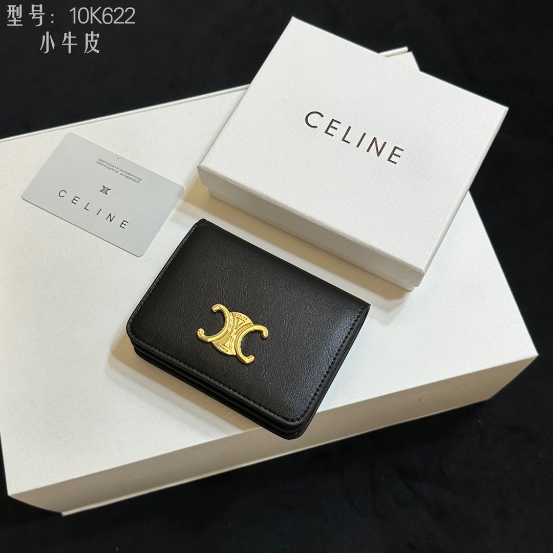 CELINE ブラック レザー カードケース 10K622 黒色 小牛革 二つ折り財布 ゴールド ロゴ付き 🖤✨ - 画像 3