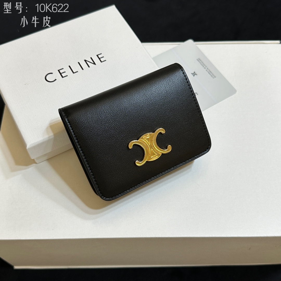 CELINE ブラック レザー カードケース 10K622 黒色 小牛革 二つ折り財布 ゴールド ロゴ付き 🖤✨ - 画像 4