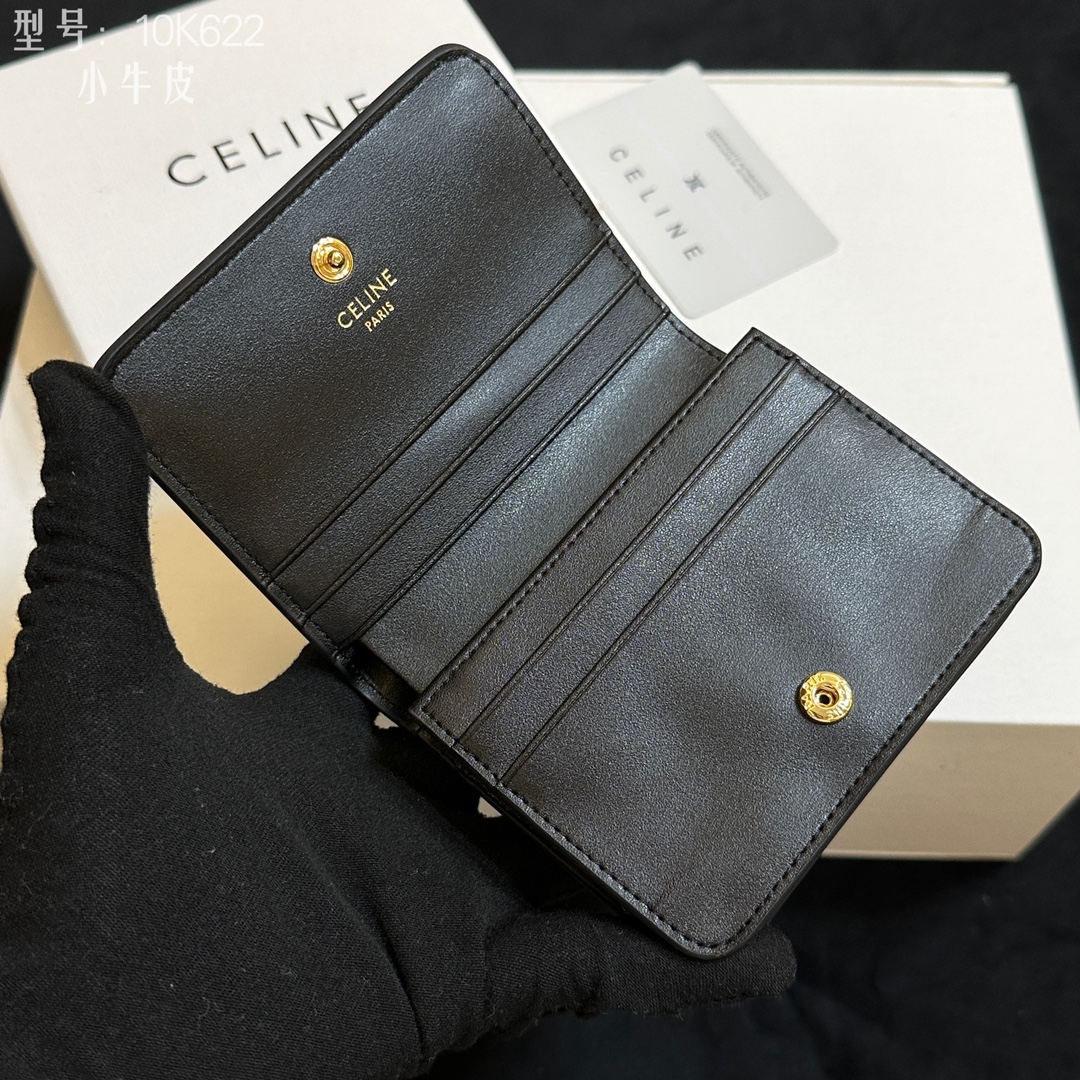 CELINE ブラック レザー カードケース 10K622 黒色 小牛革 二つ折り財布 ゴールド ロゴ付き 🖤✨ - 画像 6