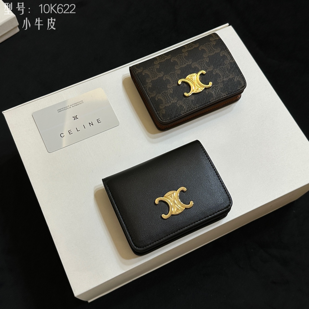 CELINE ブラック レザー カードケース 10K622 黒色 小牛革 二つ折り財布 ゴールド ロゴ付き 🖤✨ - 画像 9