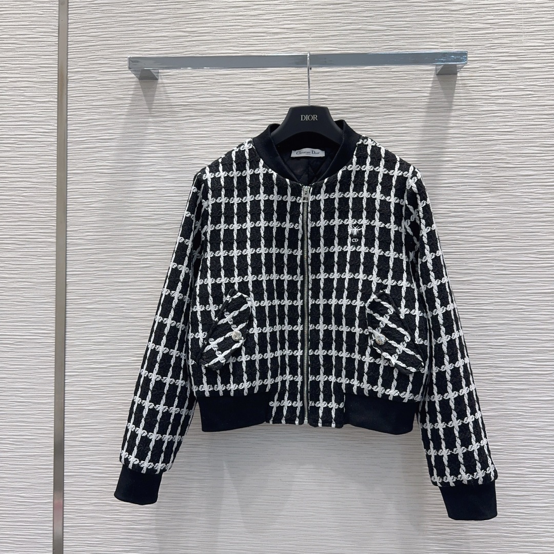 DIOR チェック柄 バンダージャケット 【新品】ブラック ✨ レディース 36 (全3色) - 画像 1